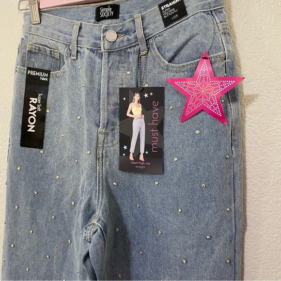 Simple Society Rhinestone Super High Rise Straight Jeans Light Wash - Picture 9 of 9